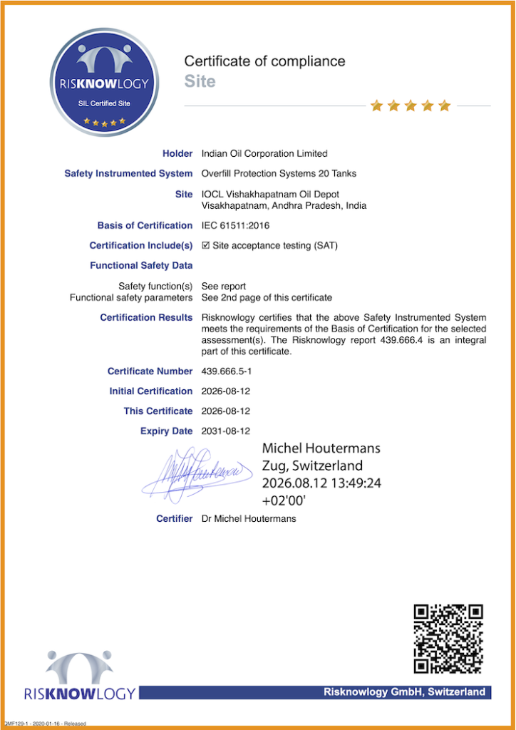 IOCL Vishakhapatnam Oil Depot Overfill Protection Certified Following Site Acceptance Testing Under IEC 61511